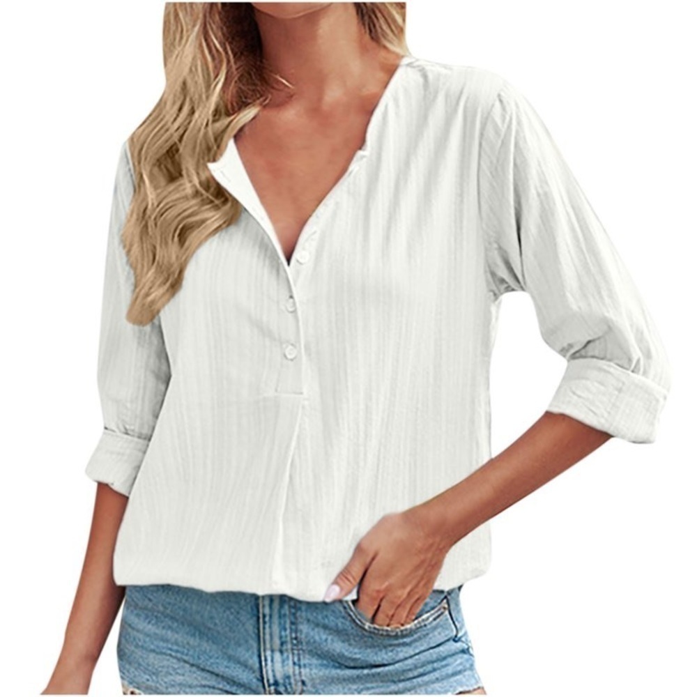 Sage Linen V Neck Shirts Shirt Spring Autumn Casual Long Sleeve White Medium